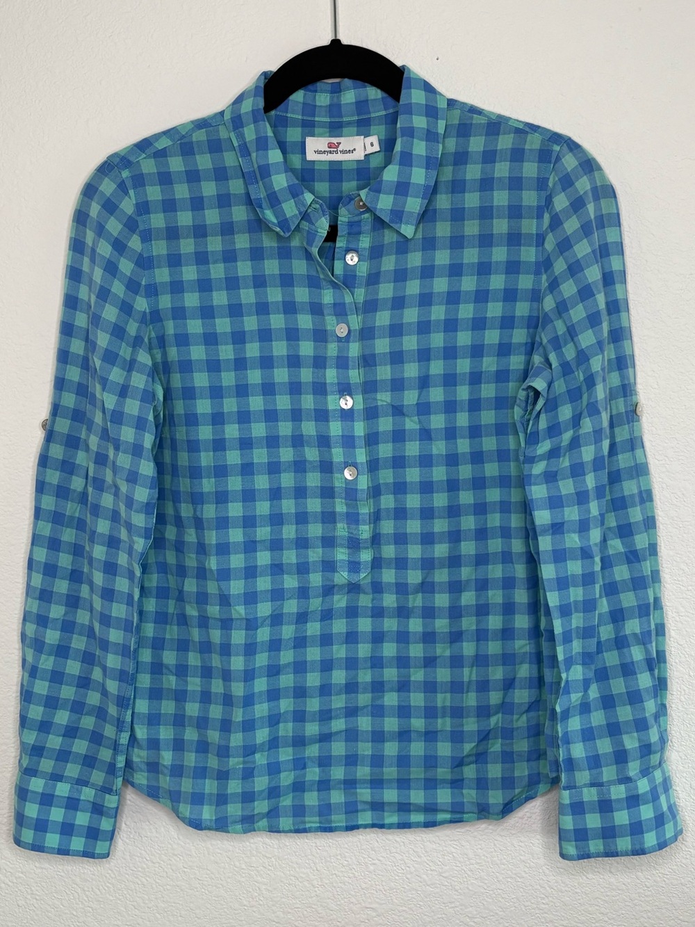 Vineyard Vines Button Down Shirt Women 6 Gingham Casual Outdoors Cotton Prep